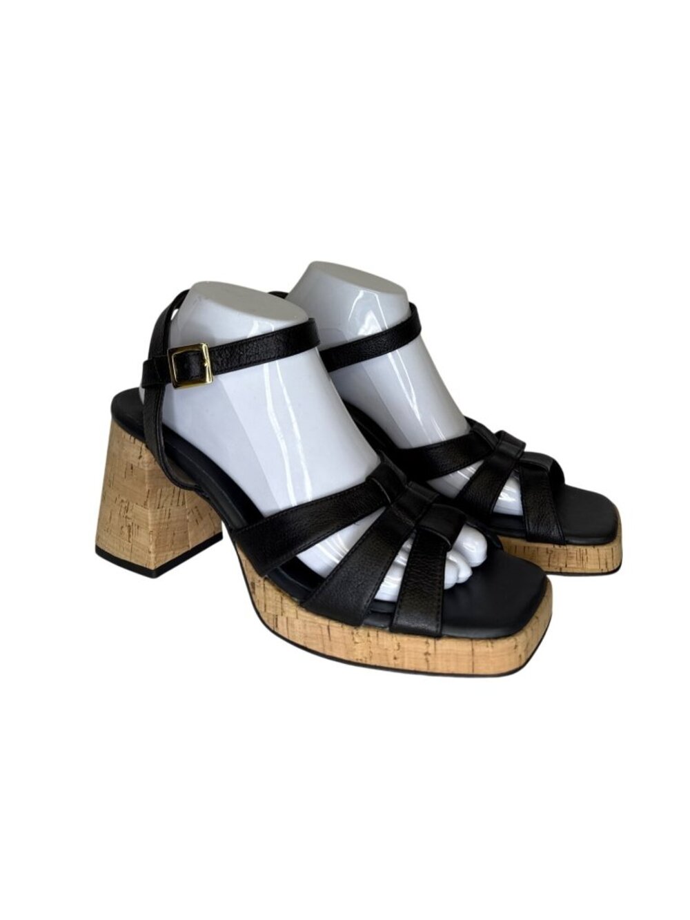 Paul Green Tina Black Leather Cork Platform Sandals Women's 7.5 NWOB Modern
